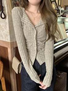 Camiseta casual de manga larga de un solo pecho con pliegues de unicolor, primavera - Albaricoque - Ver 5