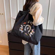 Embroidered Retro Bucket Bag For Women, New Niche Versatile Commuter Shoulder Bag, 6 Horses, Horse Shoe, Star Women, Ladies, Lover-Travel, Work & Office, Prom, Party, Weekend And Holiday, Travel Holiday Essentials, Embroidered Tote Bag, Shoulder Bag, Embroidered Horse, White Horse, Black Horse