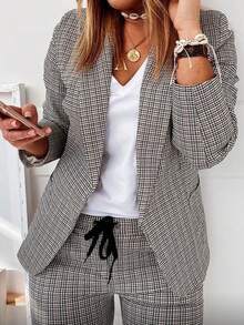 Women's Temperament Casual Checkered Suit Jacket Pants Two-Piece Set