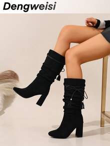 Black Pleated Drawstring Tassel Mid-Calf Boots, High Chunky Heel Round Toe, Versatile Elegant Boots For Holiday, Music Festival, Commute, Vacation - Black - View 1