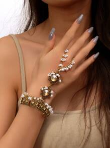 1pc Vintage Style Tasseled Ring Bracelet, Metal Handmade Coin & Rhinestone Encrusted Ring Chain