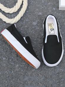 OPOEE 白色帆布鞋幼儿小白运动鞋儿童帆布鞋，韩版简约休闲系带运动鞋，经典帆布鞋，低帮一脚蹬舒适儿童鞋，舞蹈鞋 - 黑色 - 查看 6