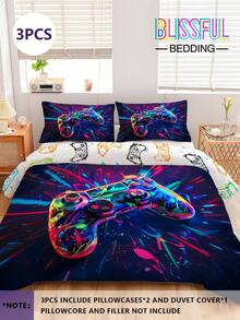 Bộ đồ giường chơi game siêu ngầu 3 món, bộ đồ giường thoải mái - 1 vỏ chăn + 2 vỏ gối, làm bằng vải polyester mềm 100%, không có chất độn, thích hợp cho phòng ngủ, du lịch, ký túc xá (cho bé trai và bé gái) - Nhiều màu - Xem 1