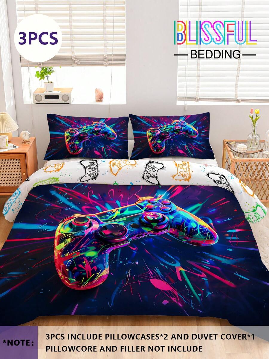 Bộ đồ giường chơi game siêu ngầu 3 món, bộ đồ giường thoải mái - 1 vỏ chăn + 2 vỏ gối, làm bằng vải polyester mềm 100%, không có chất độn, thích hợp cho phòng ngủ, du lịch, ký túc xá (cho bé trai và bé gái) - Nhiều màu - Xem 1