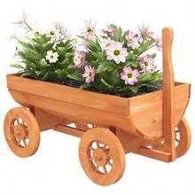 Decorative Wagon Cart Planter Outdoor Solid Wood Fir Garden Trolley With Wheels Drainage Hole 27.6"X16.9"X21.3"