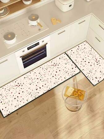 1pc Silica Gel Kitchen Floor Mat, Colorful Pebble Pattern (Simulated Terrazzo), Light Beige Base Color With Scattered Red, Green, Brown Asymmetrical Stone Textures, Presenting A Terrazzo-Like Decorative Effect, Fresh Style And Artistic, Surface Fabric Material, Middle Sponge Absorbent Material