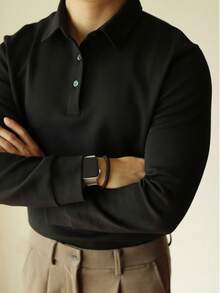 男士长袖 Polo 衫，针织柔软面料，时尚百搭，春秋季 - 黑色 - 查看 1