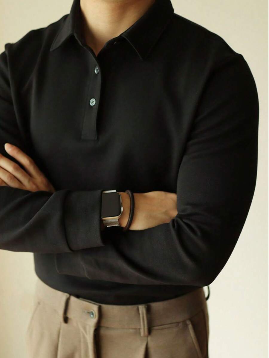 男士长袖 Polo 衫，针织柔软面料，时尚百搭，春秋季 - 黑色 - 查看 1
