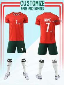 2pcs Personalized Men's Portugal Soccer Jersey, Men's Customized Soccer Uniform, Men's Sports Set, Running Set, Summer Men's Outfit, Suitable For Football, Badminton, Basketball, Cycling - Red - View 1