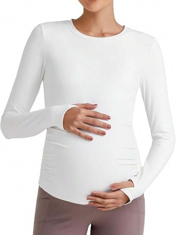 BareFeel Maternity Long Sleeve T Shirts Crewneck Ruches Pregnancy Workout Tops With Thumbholes Altheltic Yoga Tee