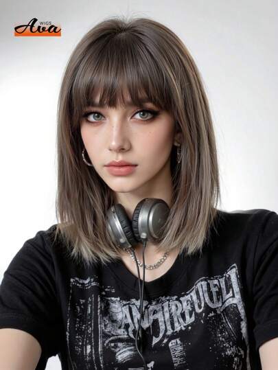 Peruca feminina balayage marrom com franja reta - fibra fosca resistente ao calor com touca de rede rosa