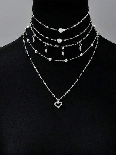 4 قطع طقم قلادة أنيقة وأنيقة مزينة بقلوب لامعة ومحاكاة اللؤلؤ للنساء والفتيات، مناسب للمواعدة والمناسبات والأعياد والحفلات والاستخدام اليومي
