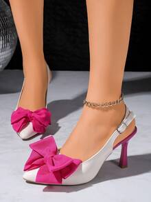 春夏新款欧美时尚高跟鞋，女士尖头小猫跟玫红色和白色撞色蝴蝶结露跟凉鞋，优雅蝴蝶结通勤性感派对度假，优雅 - 玫紅色 - 查看 7