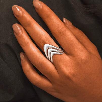 1 pieza Anillo ajustable de banda ancha asimétrica de plata de ley 925, minimalista y versátil para mujer