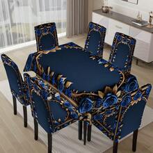 1pc/5pcs/7pcs/30pcs Luxurious Peacock Blue Embroidered Floral Rectangle Tablecloth + Removable Chair Cover Set, 100% Polyester Velvet Tablecloth, Applicable For Home Dining Room, Living Room, Kitchen, House, Hotel Daily Use, Gift, Party Decor 1 Tablecloth + 4 Chair Covers Or 1 Tablecloth + 6 Chair Covers