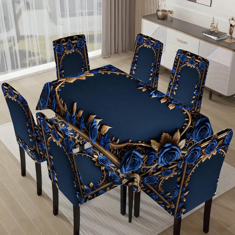 1pc/5pcs/7pcs/30pcs Luxurious Peacock Blue Embroidered Floral Rectangle Tablecloth + Removable Chair Cover Set, 100% Polyester Velvet Tablecloth, Applicable For Home Dining Room, Living Room, Kitchen, House, Hotel Daily Use, Gift, Party Decor 1 Tablecloth + 4 Chair Covers Or 1 Tablecloth + 6 Chair Covers