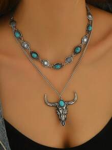 1 件复古西部牛仔风格牛头吊坠项链，适合女士，搭配椭圆形仿绿松石，双层流苏颈链，创意配饰 - 復古銀色 - 查看 10