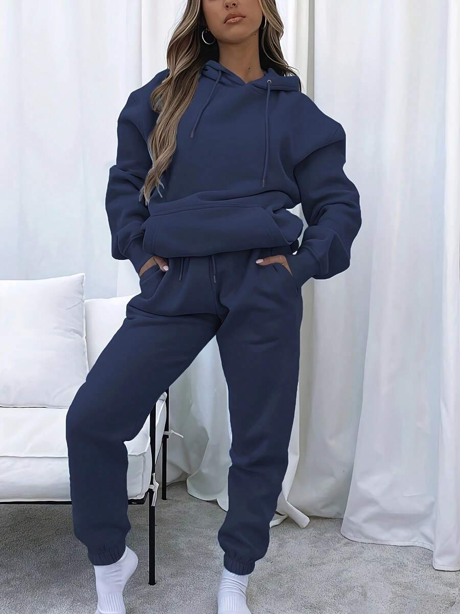 2pcs Women Casual Outdoor Sports Suit, Street Fashion Hooded Sweatshirt Long Sleeve Top & Drawstring Loose Pants Set
