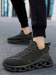 男士新款休闲运动鞋，时尚百搭网眼前系带轻便舒适跑步鞋 - 黑色 - 查看 8