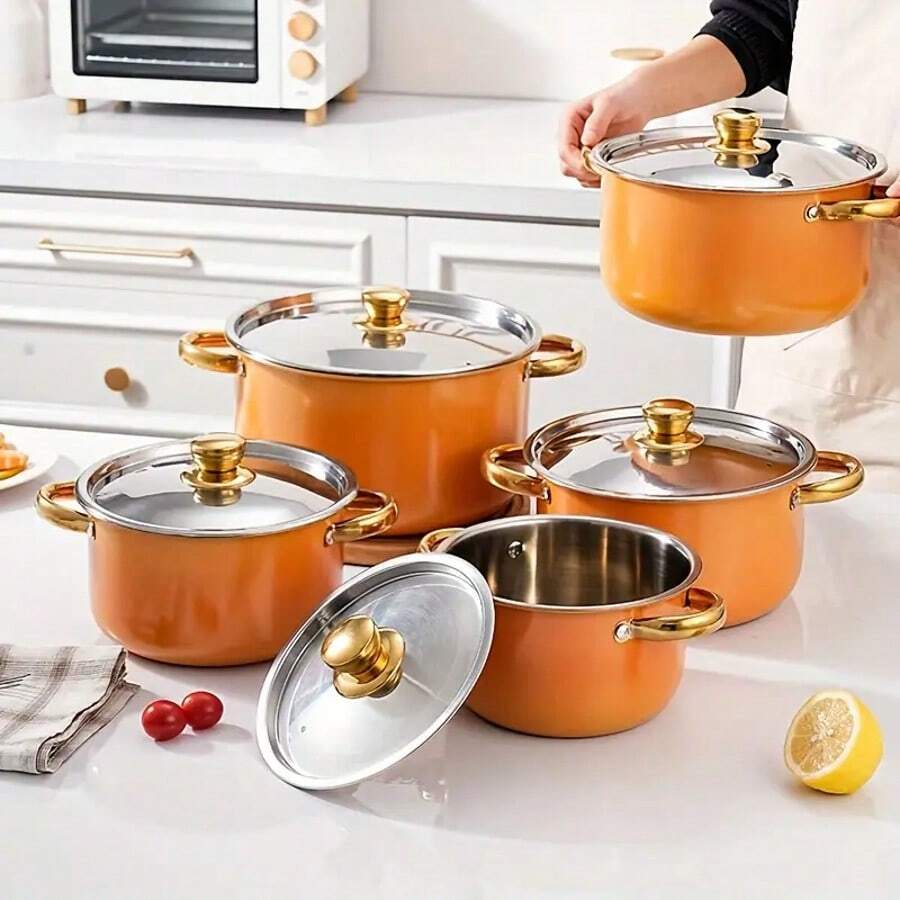5 件套不锈钢炊具套装 - 带盖多用途锅，加大容量设计，不粘防刮，适用于所有炉灶类型，可用洗碗机清洗 - 健康烹饪的理想选择 - 橘色 - 查看 1