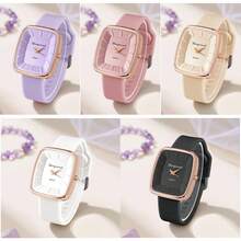 New Elegant Ladies Candy Color Silicone Strap Quartz Wrist Watch, Rectangular Case Stick Markings, School Season Gift, Simple Casual Everyday Women/Student Watch