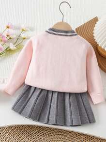 Girls' College Style Thick Warm Knitted Cardigan And Pleated Skirt 2 Pieces Set, Elegant Design Children's Clothing Outfit For Autumn/Winter - Pink - View 2