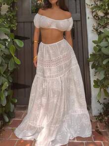Long Skirt Set Lace Top Ruffle Skirt 2 Piece Sets For Women Beach Set Boho Skirt Crop Top Vacation Party Outfits - 白色 - 查看 1