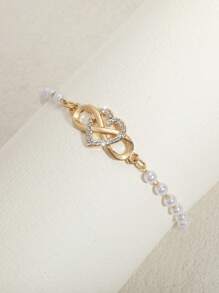 1pc Fashionable High-End Elegant Metal Heart Crystal & Faux Pearl Chain Bracelet, Suitable For Women Everyday Wear, Great Gift For Thanksgiving, Valentine's Day, Friends