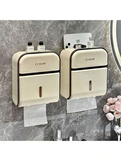1pc Cream-Color PP Plastic Paper Towel Box, Creative Ins Style High-End Paper Napkin Holder, Square Tissue Box With Drawer & Adhesive, Suitable For Living Room, Study, Bathroom, Kitchen, Dorm, Office, Meeting Room, Cafe, Dessert Shop