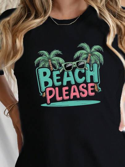 Camiseta gráfica casual para mujeres "Beach Please" - Cuello redondo, manga corta, diseño vibrante de palmera, perfecta para primavera y verano, 100% algodón puro, cuello redondo, lavable a máquina