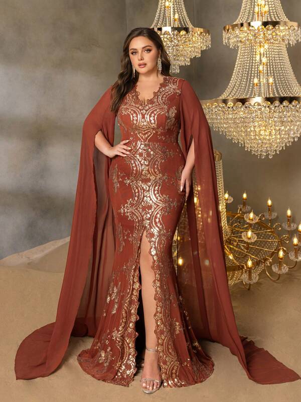 Faeriesty Robe de soirée formelle à encolure en V, manches longues dramatiques jusqu'aux chevilles, fente haute et silhouette sirène flatteuse - parfaite pour les grands mariages, les galas de gala, les collectes de fonds de bienfaisance, les tapis rouges