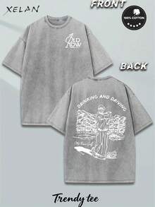 Men Washed Cotton T-Shirt,With 'DRINKING AND DRIVING Old Row Golf' Pattern Print, Outdoor Sports T-Shirt Loose Fit Soft Knitted T-Shirt - 灰色 - 查看 1