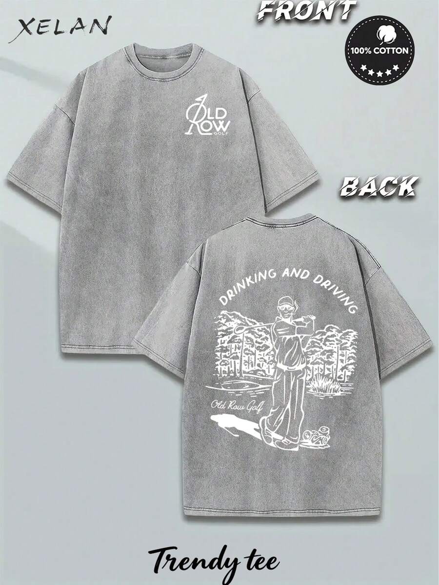 Men Washed Cotton T-Shirt,With 'DRINKING AND DRIVING Old Row Golf' Pattern Print, Outdoor Sports T-Shirt Loose Fit Soft Knitted T-Shirt - 灰色 - 查看 1
