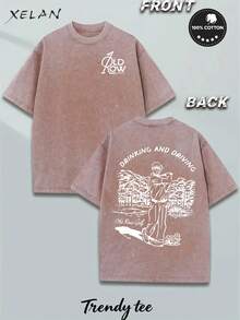 Men Washed Cotton T-Shirt,With 'DRINKING AND DRIVING Old Row Golf' Pattern Print, Outdoor Sports T-Shirt Loose Fit Soft Knitted T-Shirt - 棕色 - 查看 1
