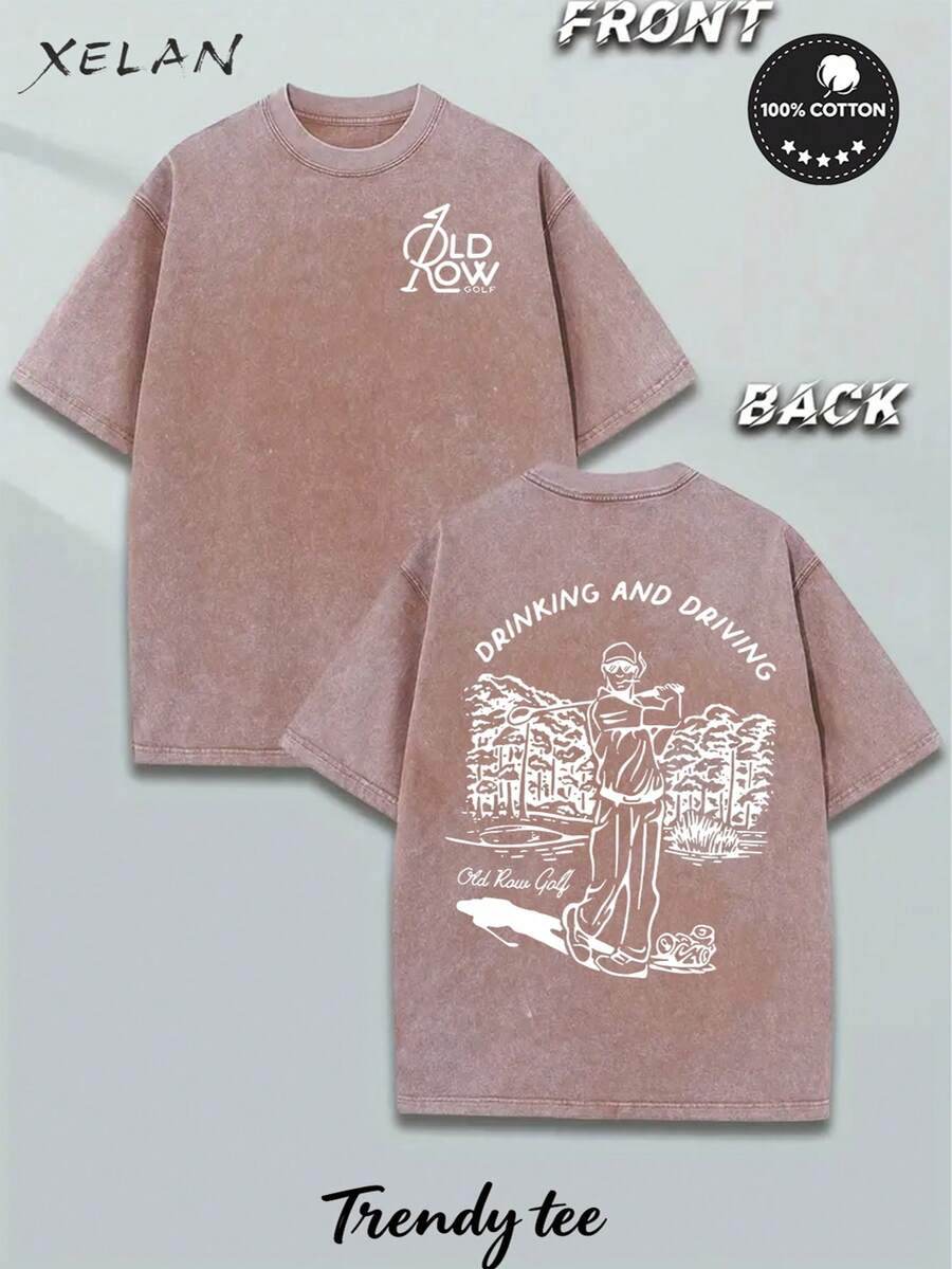 Men Washed Cotton T-Shirt,With 'DRINKING AND DRIVING Old Row Golf' Pattern Print, Outdoor Sports T-Shirt Loose Fit Soft Knitted T-Shirt - 棕色 - 查看 1