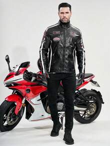 Men's PU Leather Jacket, Contrast Color Design With Thermal Lining, Motorcycle Racing Style Outerwear, Fashionable For Autumn/Winter - Black - View 6