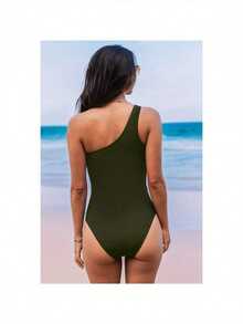Women's Swimwear – Olive Green One-Shoulder One-Piece With Mesh Side Panels And High-Cut Leg, Sleek And Flattering For Summer Beachwear - 軍綠色 - 查看 2