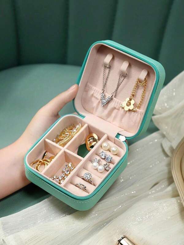 Caja de joyería con cremallera de gran capacidad y portátil, organizador de anillos y aretes con tapa abatible, fácil de transportar, puede almacenar collares, aretes, anillos y otras joyas, acceso por zonas, simple y claro, disponible en una variedad de colores para mujer, organizador de almacenamiento, esencial de viaje, regreso a la escuela, almacenamiento de dormitorio, decoración de otoño
