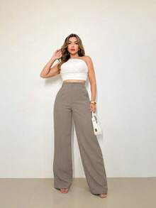 LIN SERVIÇOS, REF: H932 - Women's Striped High-Waisted, Wide-Leg Trousers, Ideal For Casual And Formal Looks. Lightweight, Stylish And Elegant, They Offer Comfort And Sophistication For A Variety Of Occasions. - 卡其色 - 查看 5