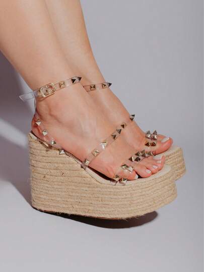 Verão Salto alto Apliques Elegante Couro PU rebites lesma Anabela Estilo Resort Praia