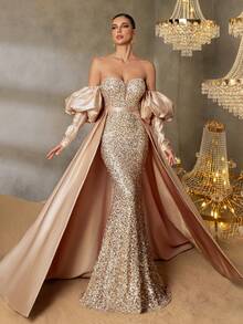 Faeriesty Abito da sera elegante con maniche a palloncino, orlo a sirena, raso con strascico, decorato con paillettes, adatto per eventi da red carpet, grandi gale, ricevimenti, banchetti e cerimonie - Champagne - Visualizzare 6