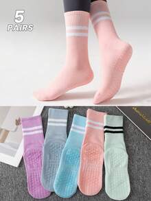 1/5/10双/包 女款随机春秋款双条马卡龙色脚底硅胶带抓地力适合室内瑜伽普拉提拉力健身舞蹈搭配瑜伽裤运动服中筒袜