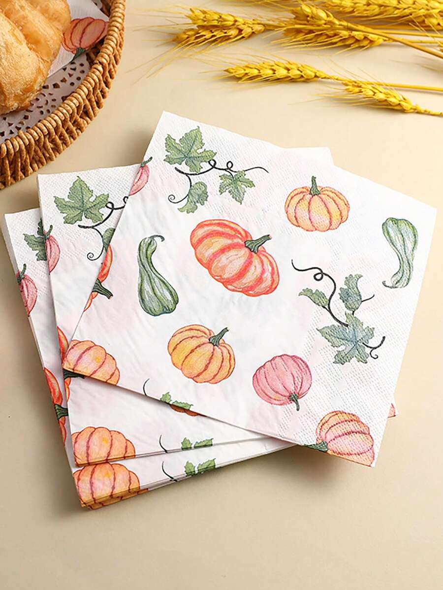 20 件派对餐巾纸，感恩节秋季，收获简单橙色和绿色南瓜叶图案薄纱纸适用于酒店西餐厅厨房花园桌子浴室装饰，生日节日圣诞节万圣节感恩节派对用品