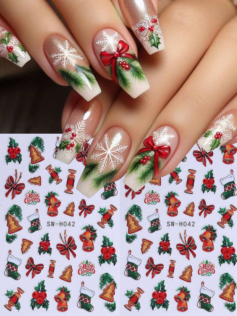 2 件圣诞树闪光蝴蝶结铃铛袜子糖果贴纸指甲贴花 3D 闪光节日 DIY 自粘指甲贴花艺术设计美甲装饰节日礼物送给女士女孩
