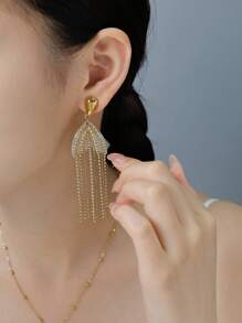 1 Par de Pendientes Colgantes con Borlas, Piedras de Circonita y Chapado en Oro de Acero Inoxidable de Lujo, Apropiados para Mujeres en Bodas/Festivales Musicales/Vacaciones en la Playa/Fiestas/Regalos