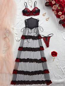 Women's Sexy Lingerie Set, Sheer Lace Ruffle Hem, Suitable For Holidays And Weddings - 黑色 - 查看 9