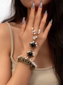 1pc Vintage Style Tasseled Ring Bracelet, Metal Handmade Coin & Rhinestone Encrusted Ring Chain