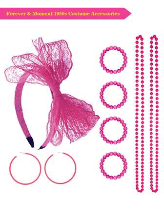 Forever & Moment 8 件套 80 年代女士服装配饰套装仿珍珠项链手链圆形耳环蕾丝蝴蝶结发带婚礼化妆舞会节日装饰礼物万圣节