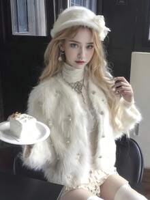 女士柔软仿貂绒毛外套 秋冬万圣节/圣诞节毛绒针织开衫 甜美长袖外套 - 白色 - 查看 4