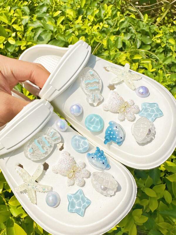 18 Stücke/Set Ozean-Serie Seestern & Bär DIY Schuh Dekorationen, abnehmbar, geeignet für Strand Sandalen/Pantoffeln, Urlaubsgeschenk